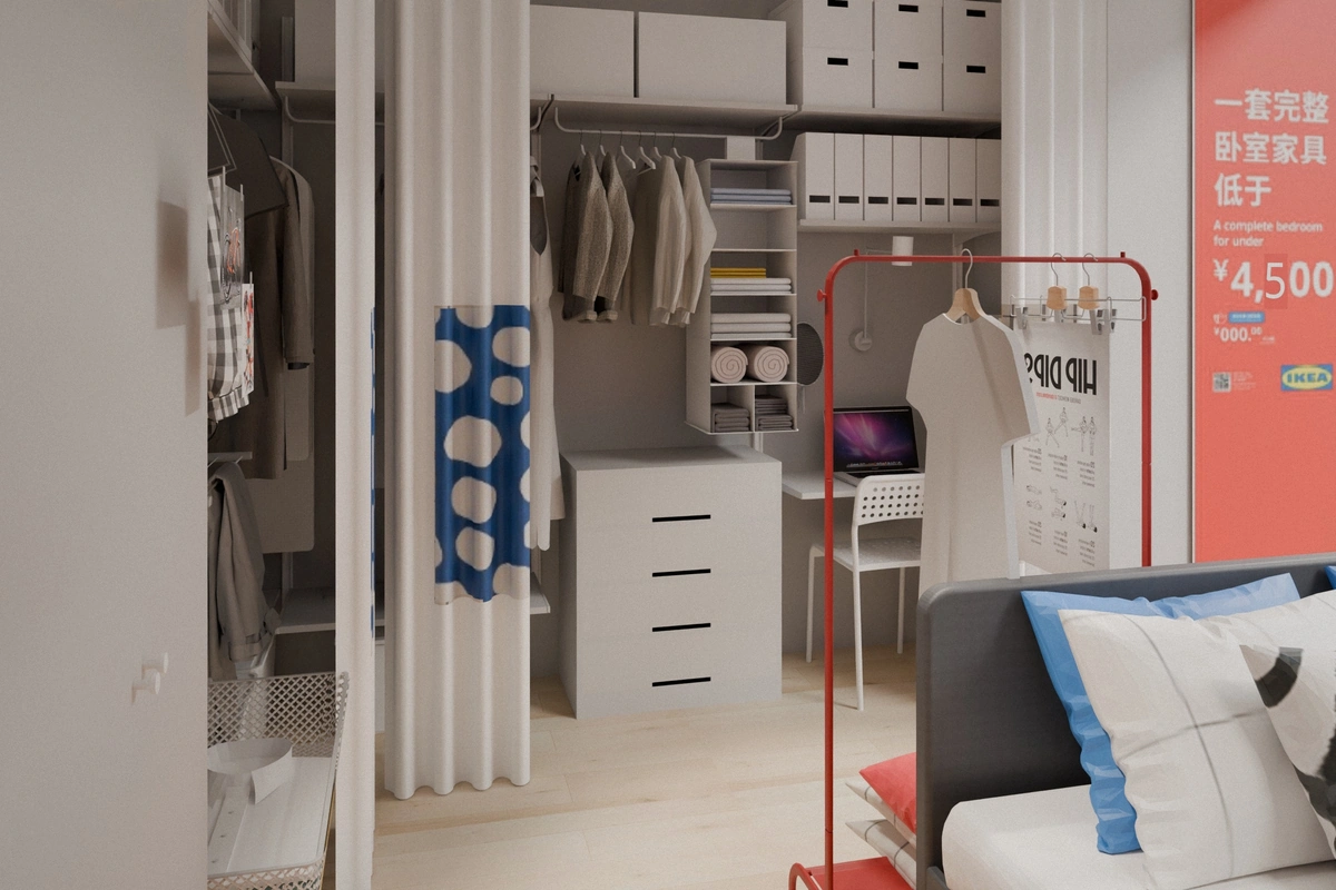Design model: inside the curtains, rails, shelves and a desk