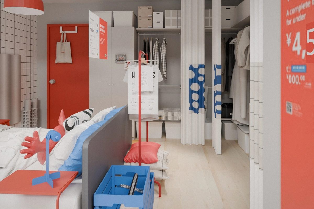 Design model: door, wardrobe, open shelving and the curtained closet