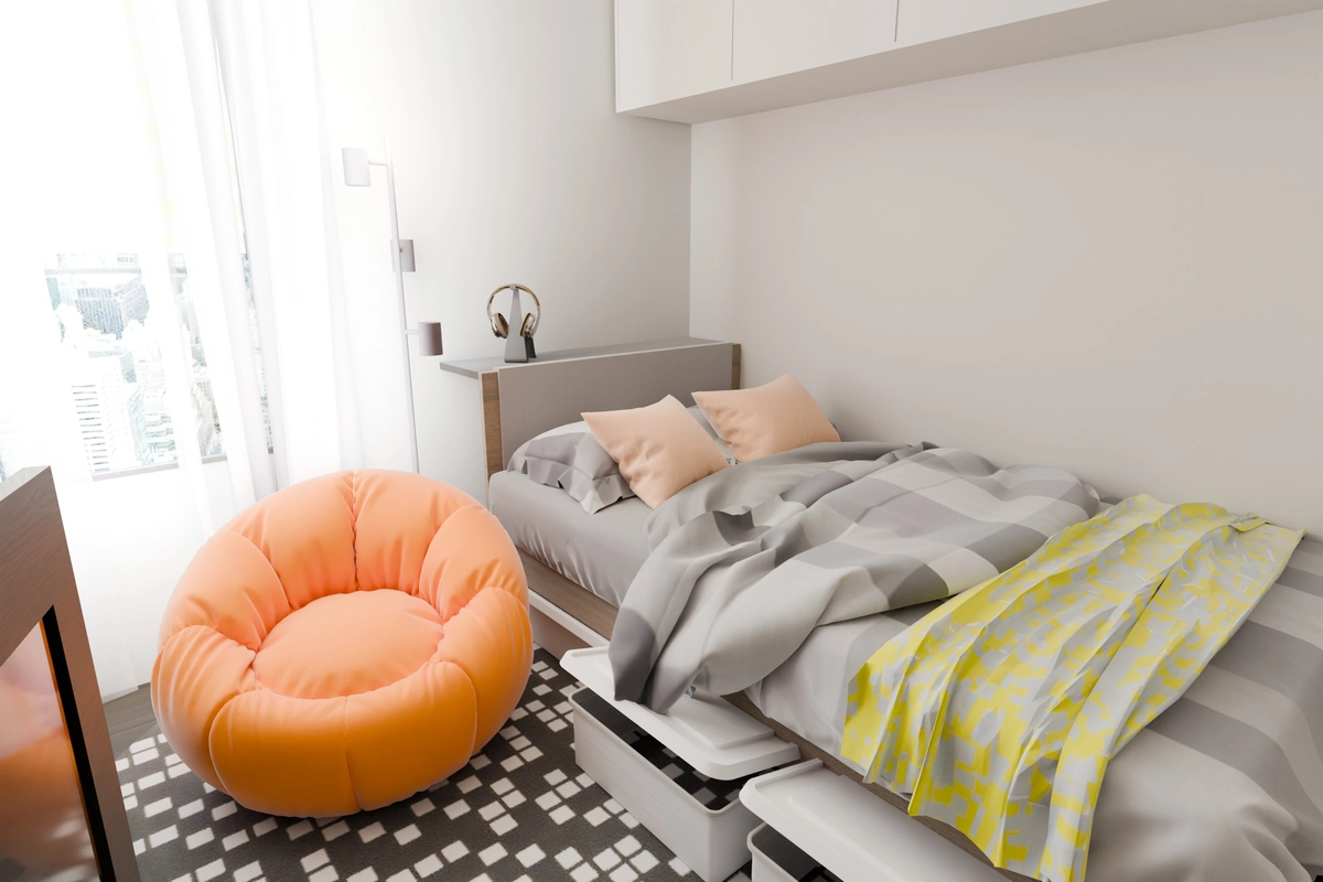 Visual: sleep zone under the wall cabinets