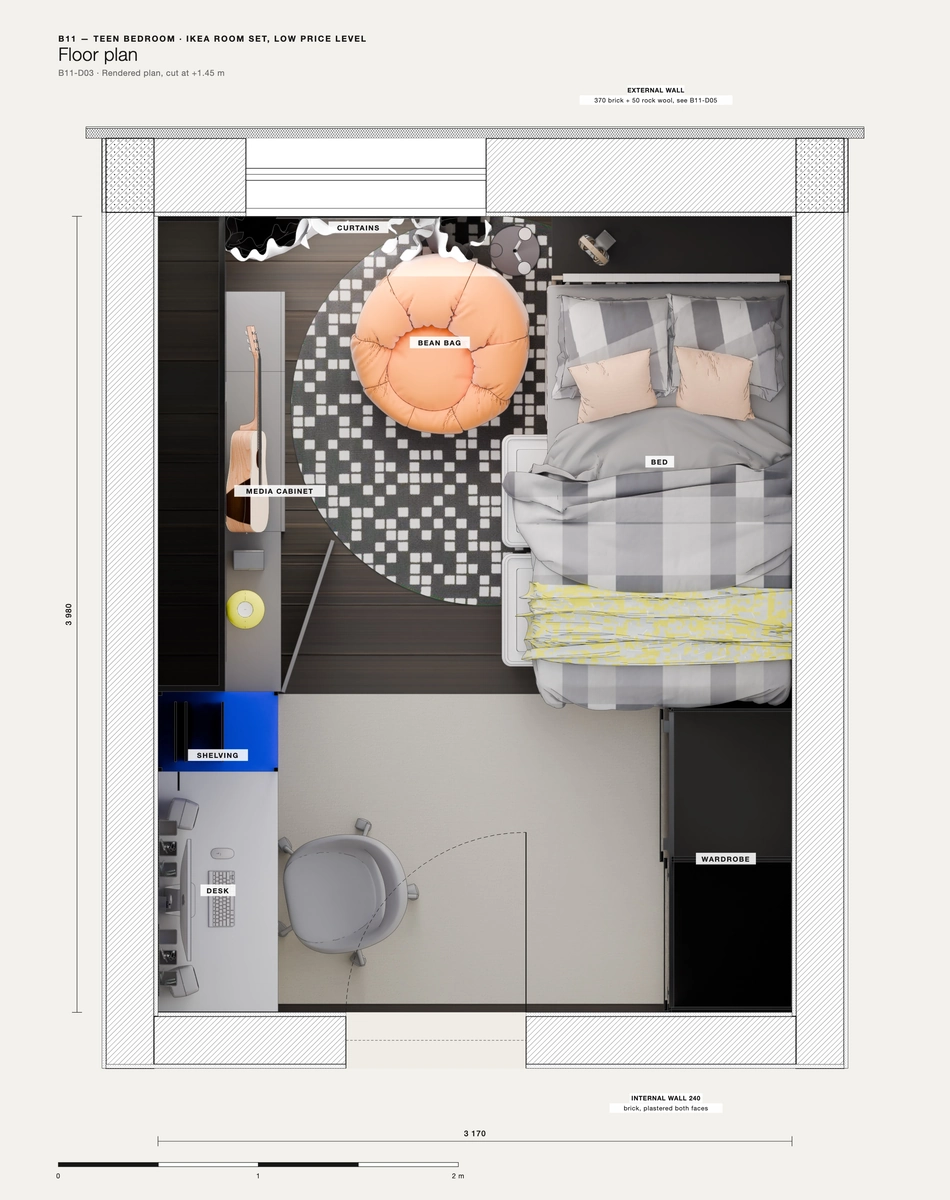 Rendered floor plan from the design model, cut at +1.45 m