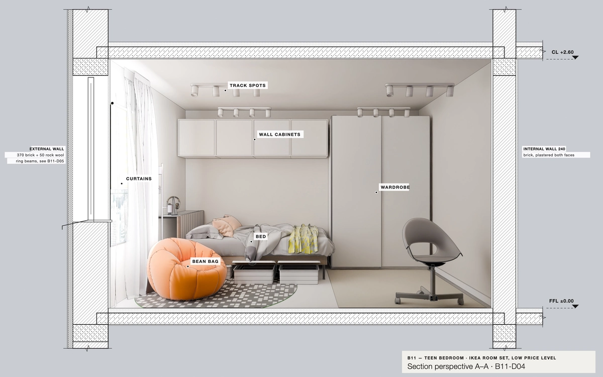Section perspective A–A, toward the bed and wardrobe wall