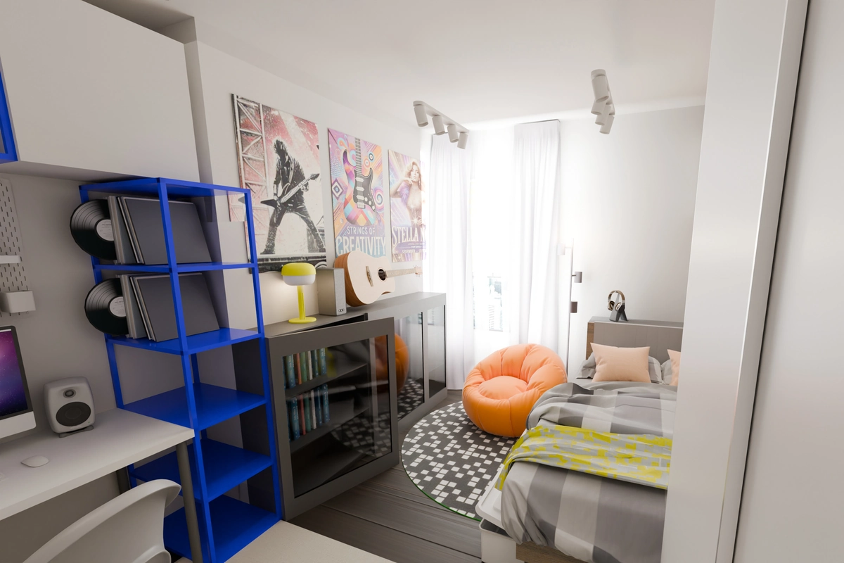 Visual: three-quarter view from the wardrobe corner