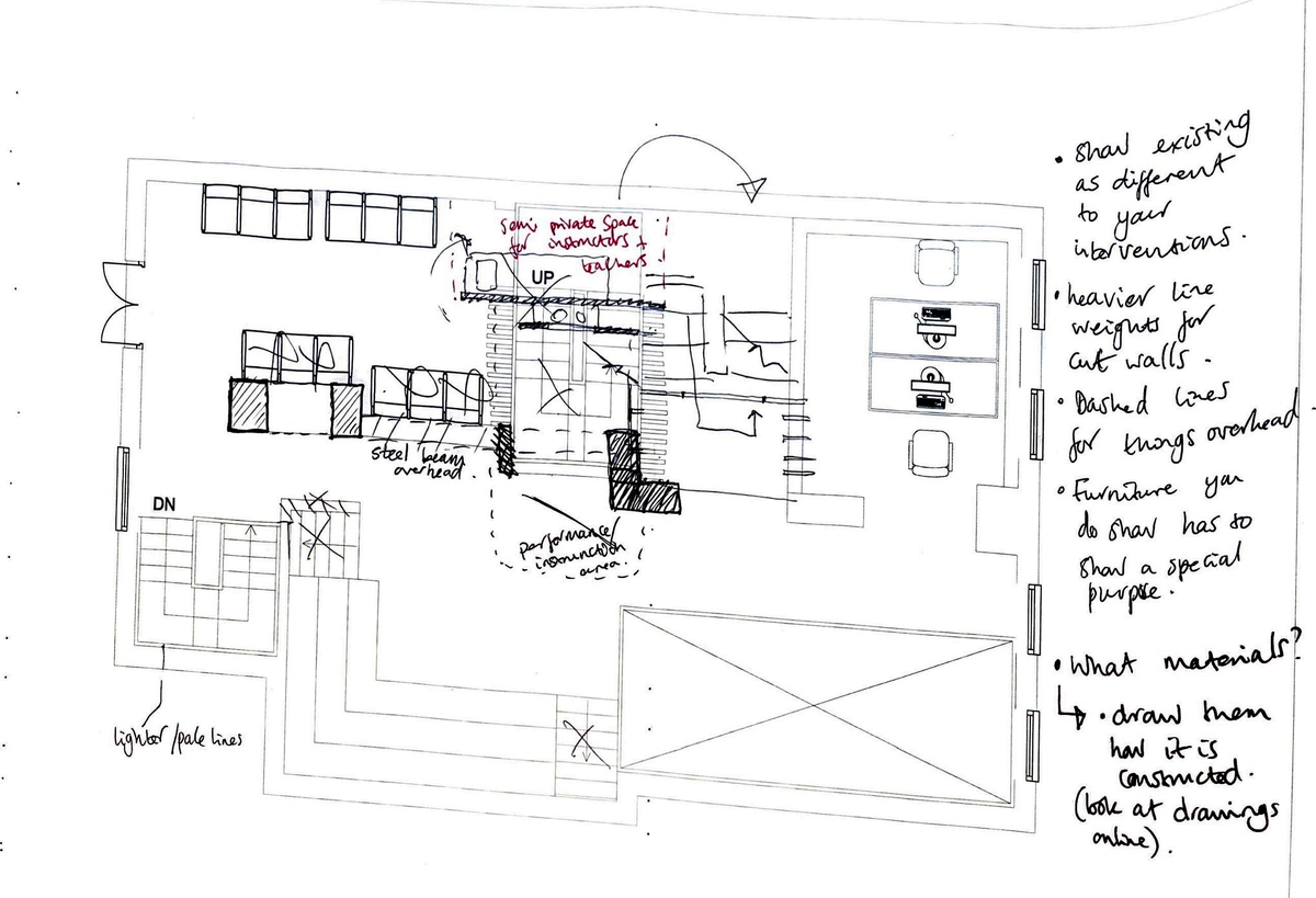 Plan study with notes on walls, furniture and materials