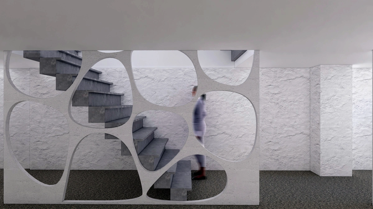 Basement: stair rising from the retail floor