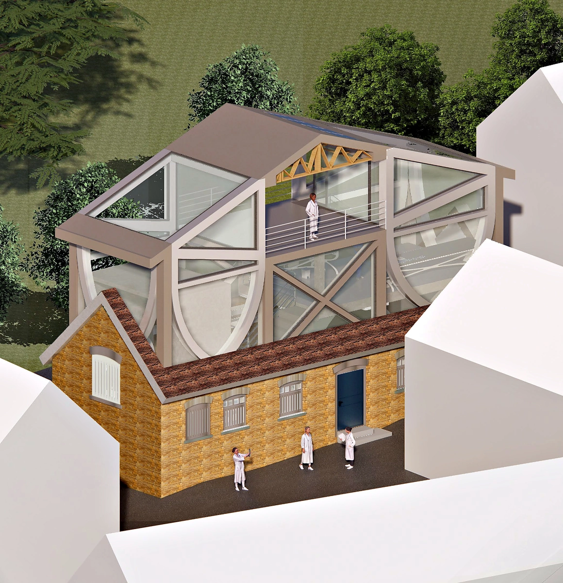 The institute from above: the original brick building retained, the new glazed structure added on top
