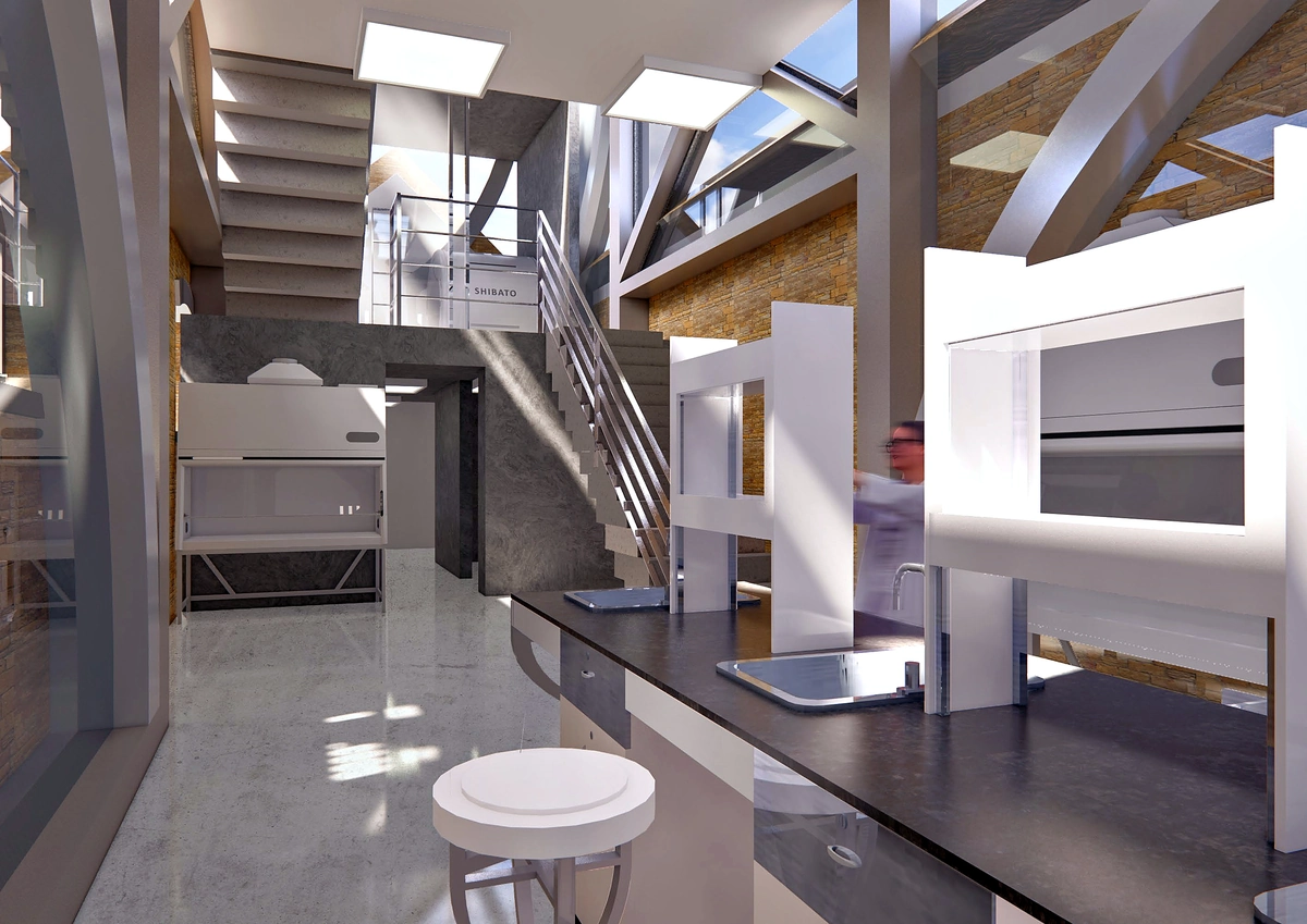 Laboratory with experimental operating table and sample-production instruments, looking up to the stair