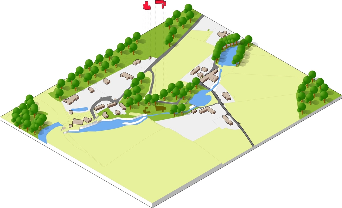 Site model: the valley, its ponds and the existing buildings