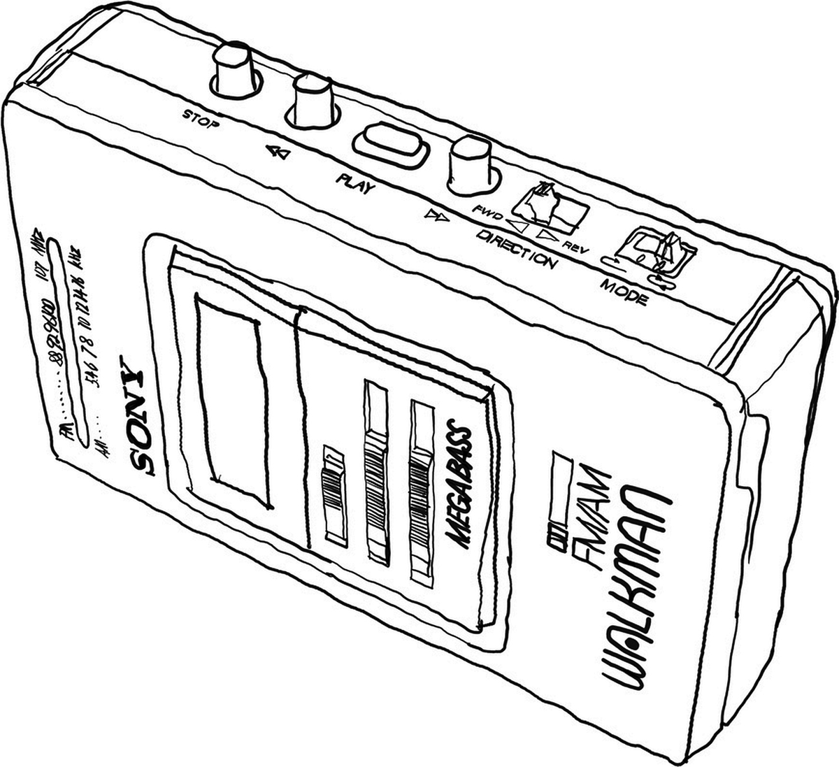 The Walkman drawn: controls and cassette door