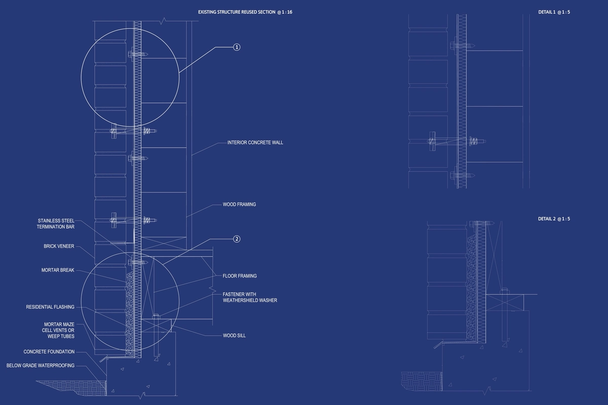 Task 5: wall section through the reused structure at 1:16, with two 1:5 details